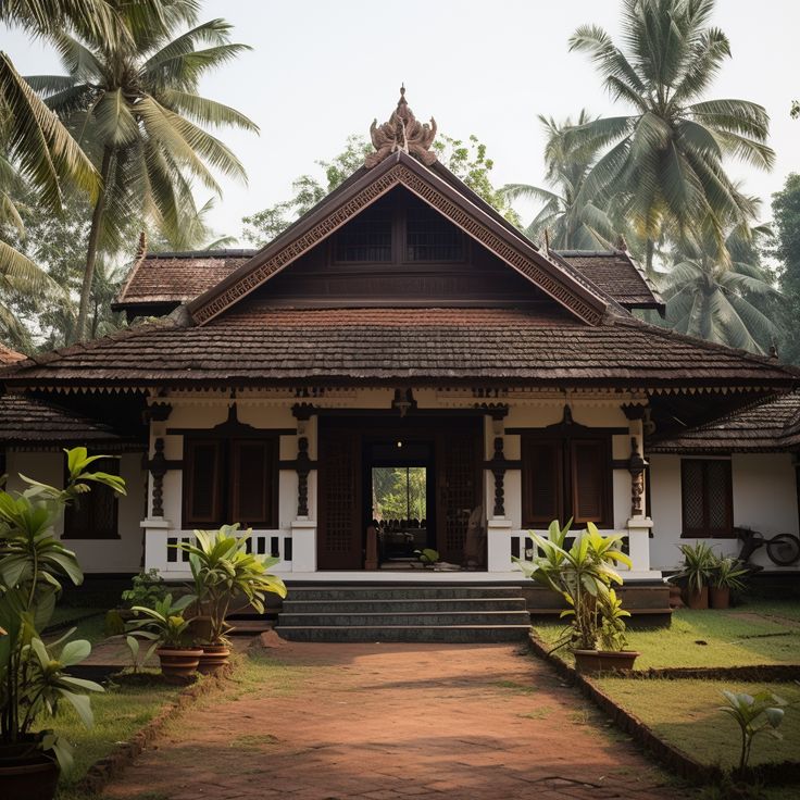 This may contain: a white and brown house surrounded by palm trees