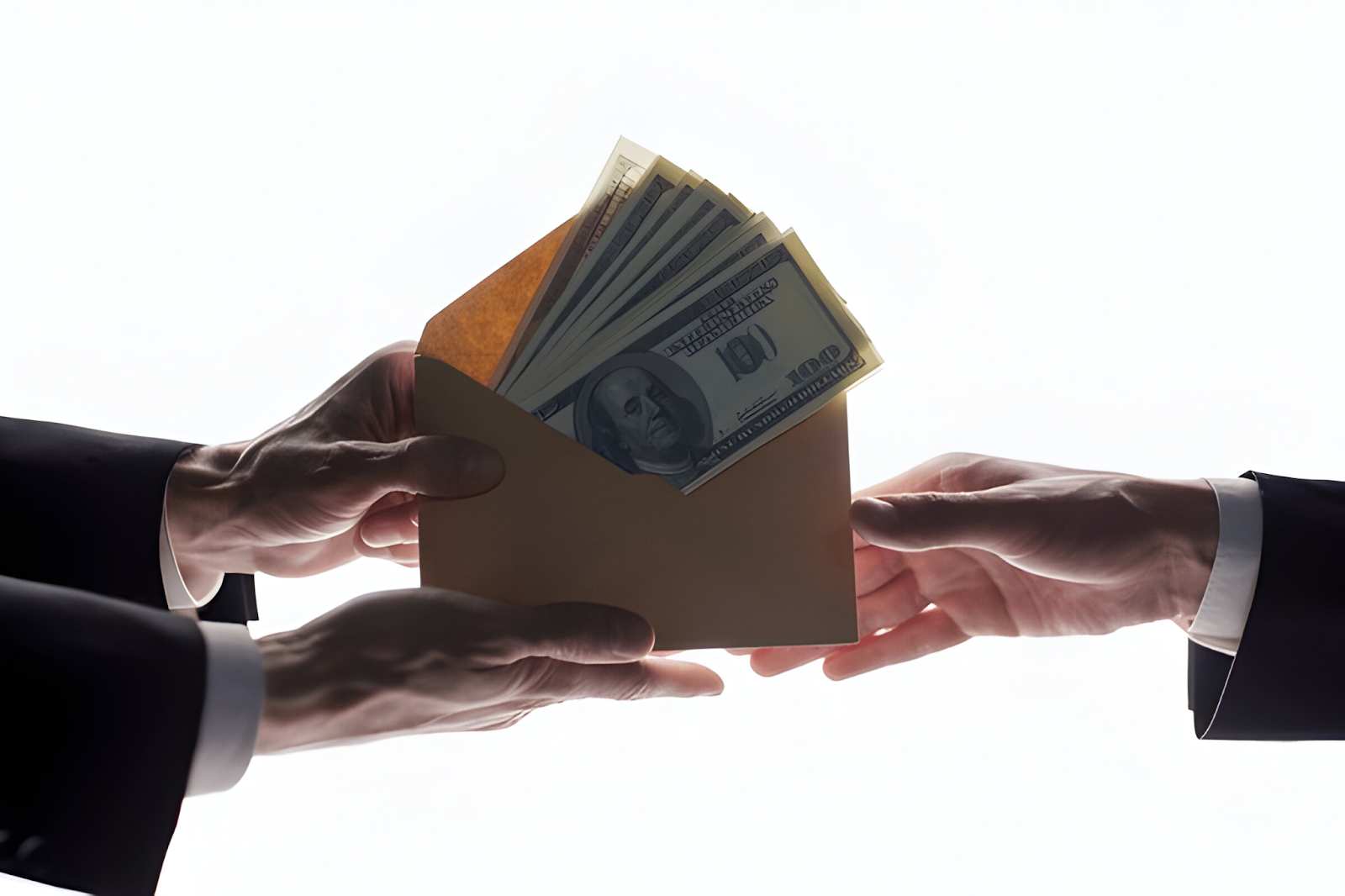 Hands exchanging an envelope filled with money, symbolizing salaries in the accounting profession.