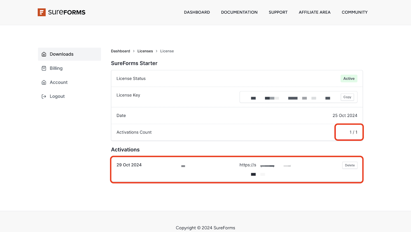 activations count and link where the license is active