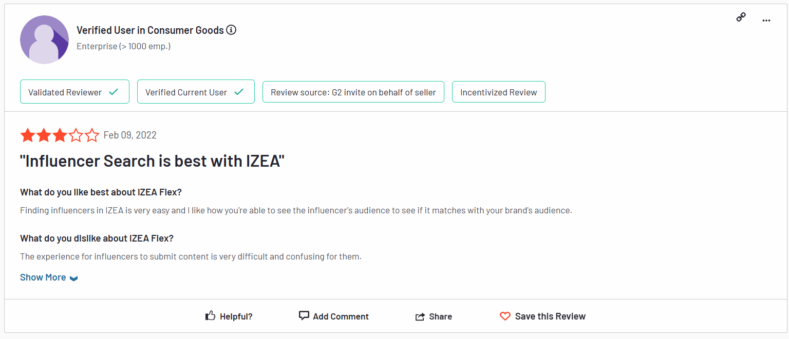 IZEA user review on G2