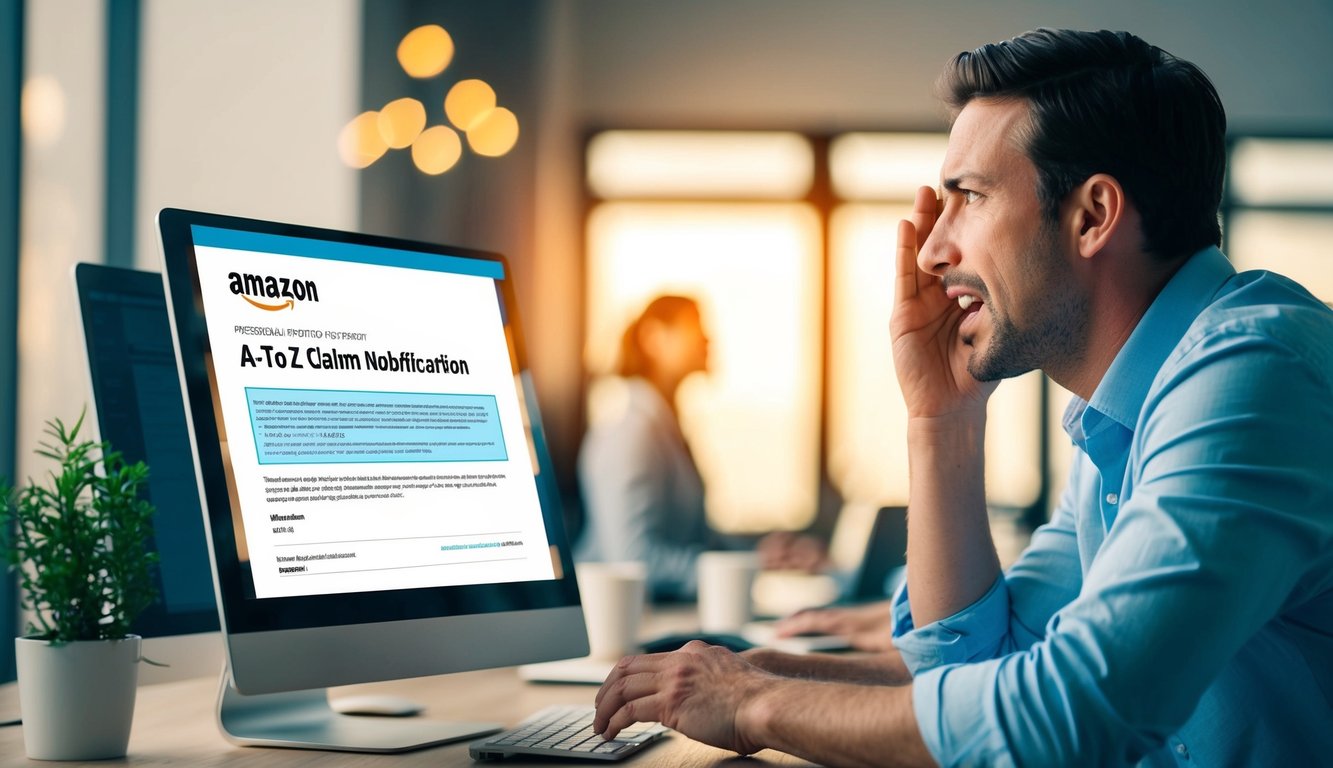 A frustrated customer staring at a computer screen with a denied A-to-Z claim notification from Amazon