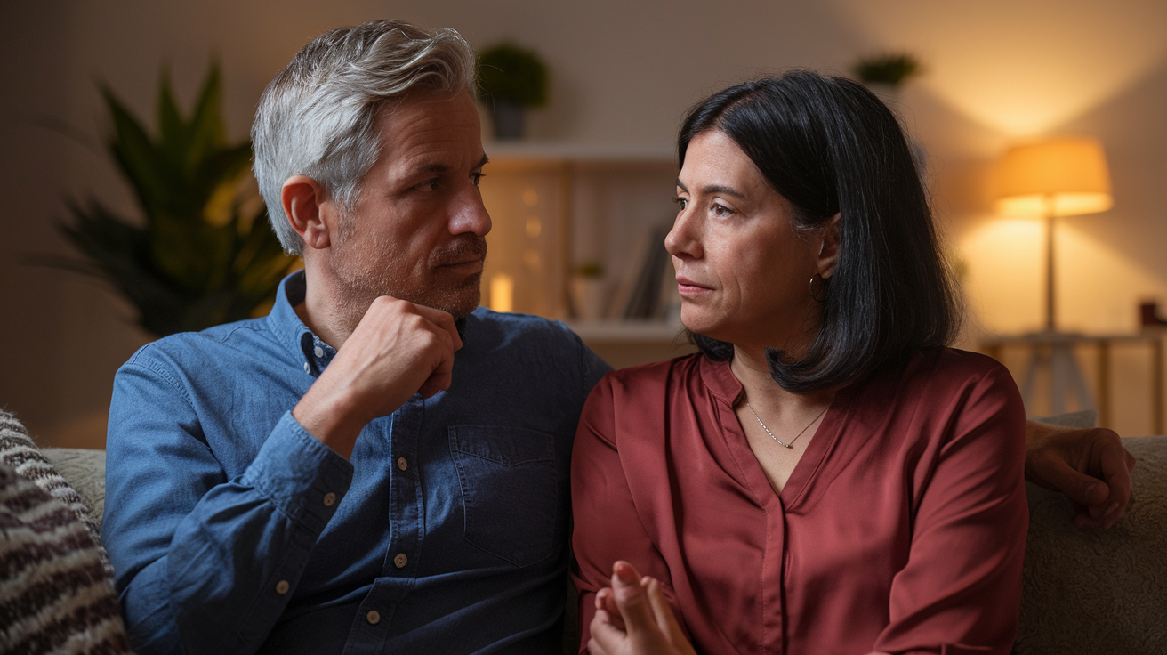 Create a realistic image of a thoughtful middle-aged couple, one white male and one black female, sitting on a couch with a slight distance between them, their body language suggesting a discussion about intimacy, with soft warm lighting creating a comfortable yet serious atmosphere, no explicit content, just conveying the concept of navigating differences in desire and frequency in a relationship.