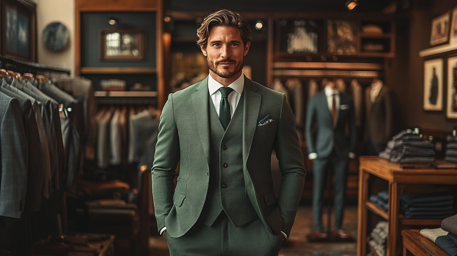 
A modern boutique setting with mannequins and displays tailored to different body shapes, featuring a man in a well-fitted green suit. The suit highlights clean lines and thoughtful tailoring, emphasizing the importance of fit for various physiques. The background includes other suits styled for diverse body types, arranged neatly in a polished, elegant space with soft lighting and sophisticated décor