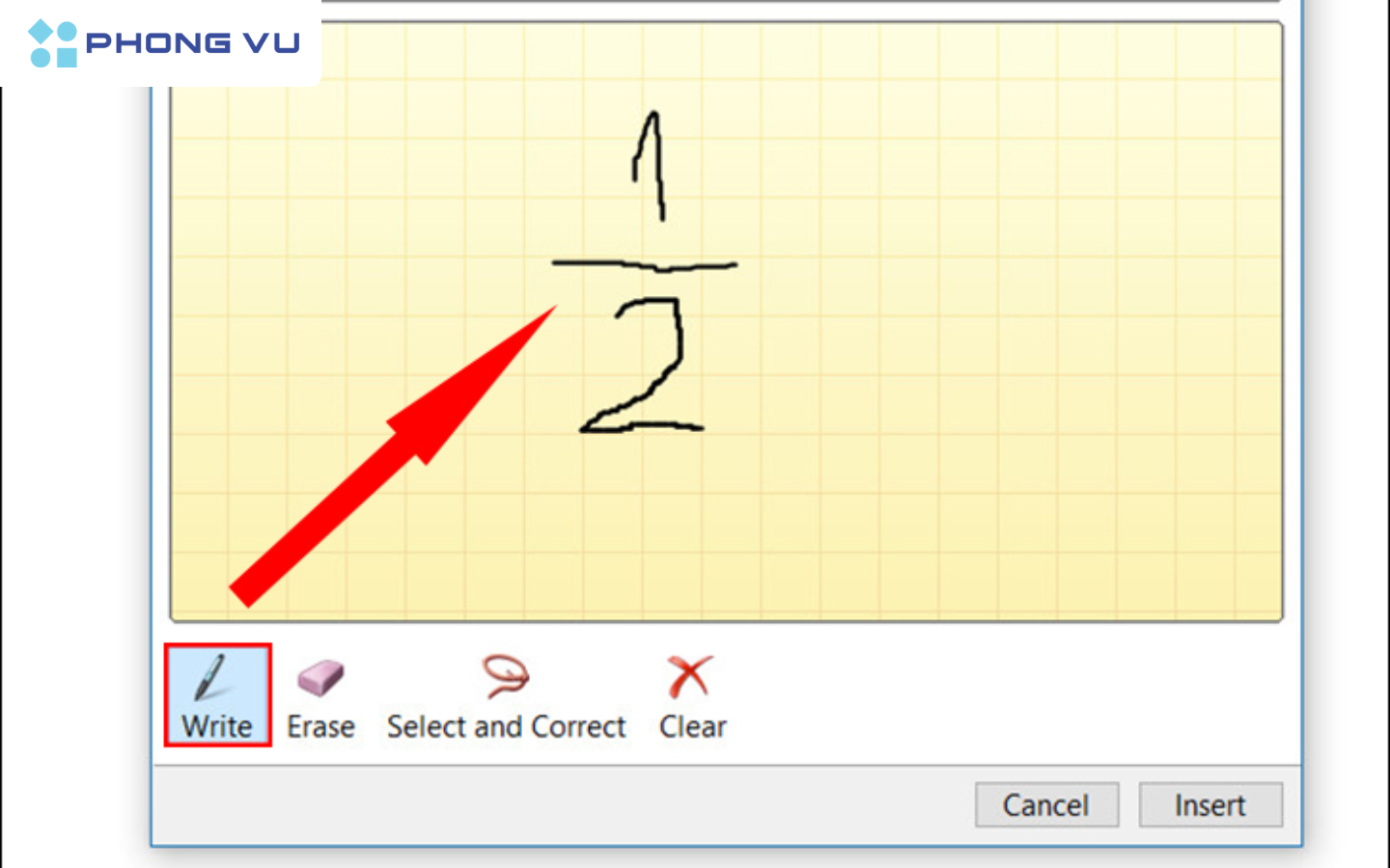 Chọn Write và di chuyển chuột đến vị trí viết phân số 