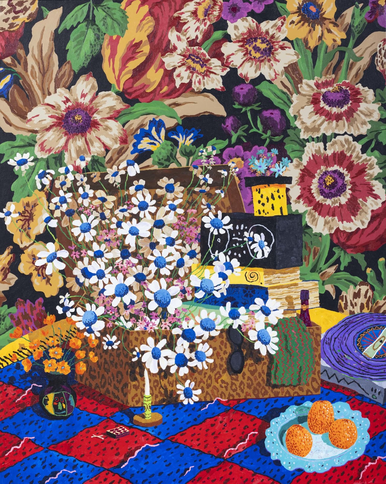 Artists inspired by flora and fauna bring the outdoors inside. In Cooper's “Where Are We Going” flowers spill out of a box, and emerge from the walls over a carpet of waves.