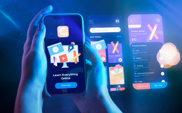 A person's hands holding a smartphone displaying an app with a "Learn Everything Online" button. A larger version of the app's interface appears in the background, showing sections like "Best Sellers" and "Course Content." by Types of Mobile Apps  