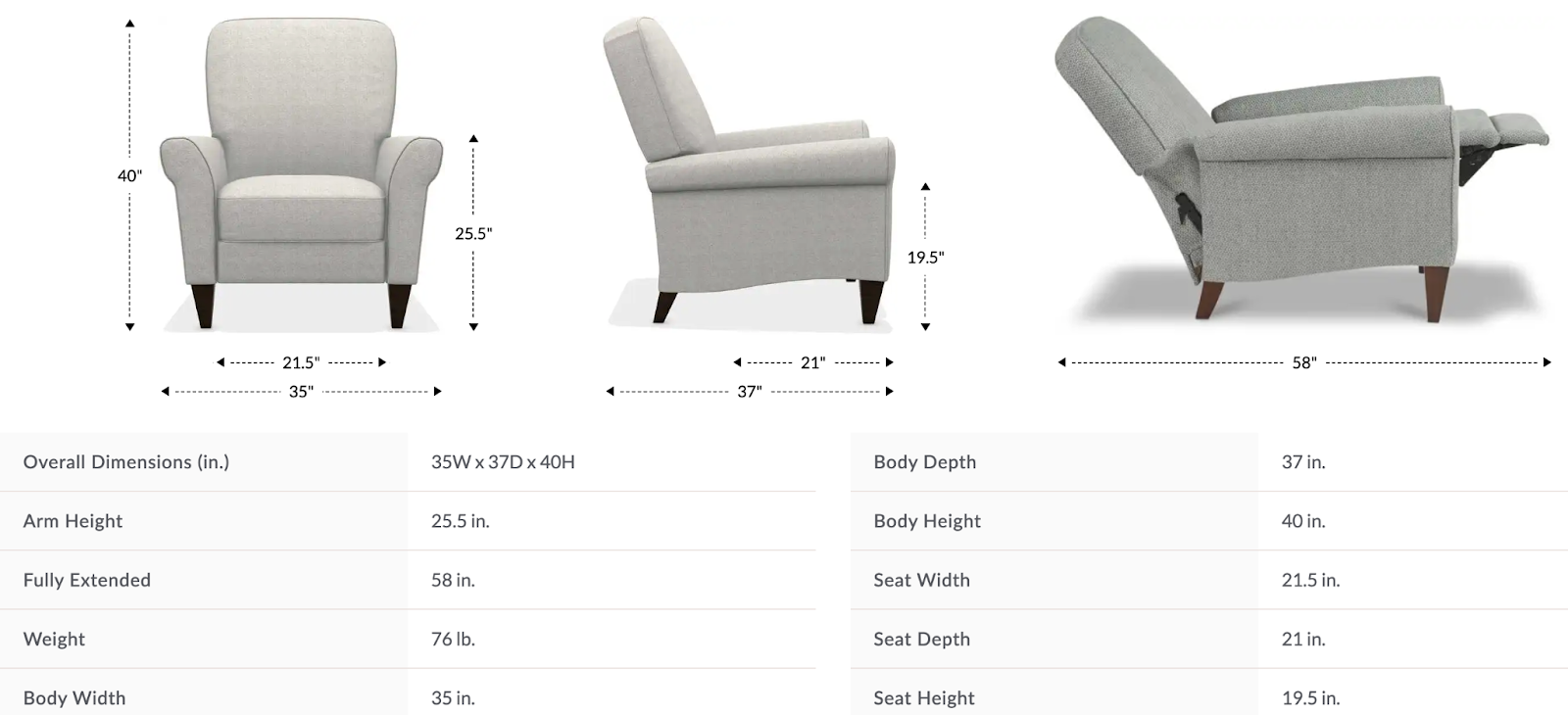 haven high leg reclining chair size and dimensions
