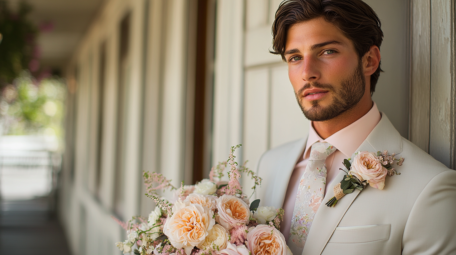 
A groom in a sharp white suit, paired with a pastel shirt in soft colors like blush pink or lavender, creating a romantic and warm wedding vibe. In one version, he wears a light grey tie for a subtle, sophisticated touch. In another, the groom opts for a floral-patterned tie, adding a hint of personality while maintaining a stylish and elegant appearance. The setting is a refined wedding venue, with soft lighting and delicate décor that enhance the groom’s modern yet romantic look