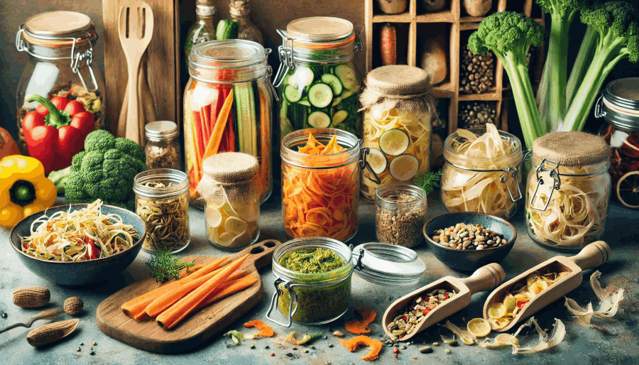 A zero-waste kitchen setup with various ingredients and food scraps being utilized in creative ways.