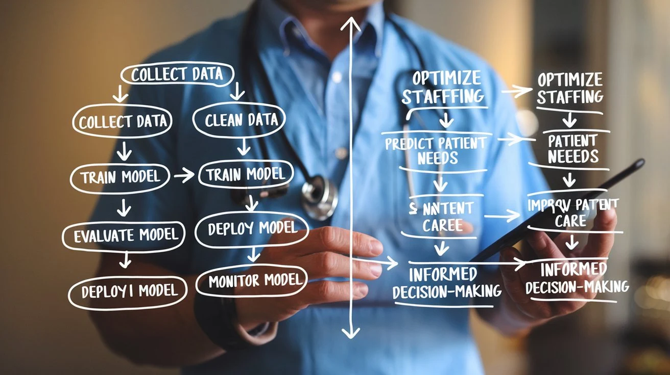 A flowchart showing how predictive analytics enhances hospital operations and decision-making.