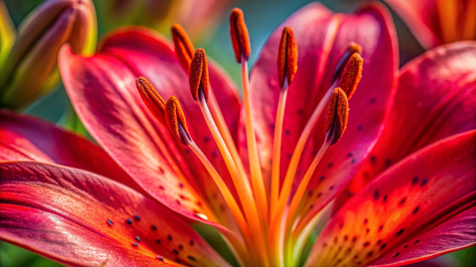 Macro close-up do estame e pistilo de uma flor de açucena vermelha sob luz natural