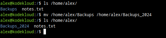 Screenshot showing how to rename a Linux directory with the "mv" command (using absolute paths)