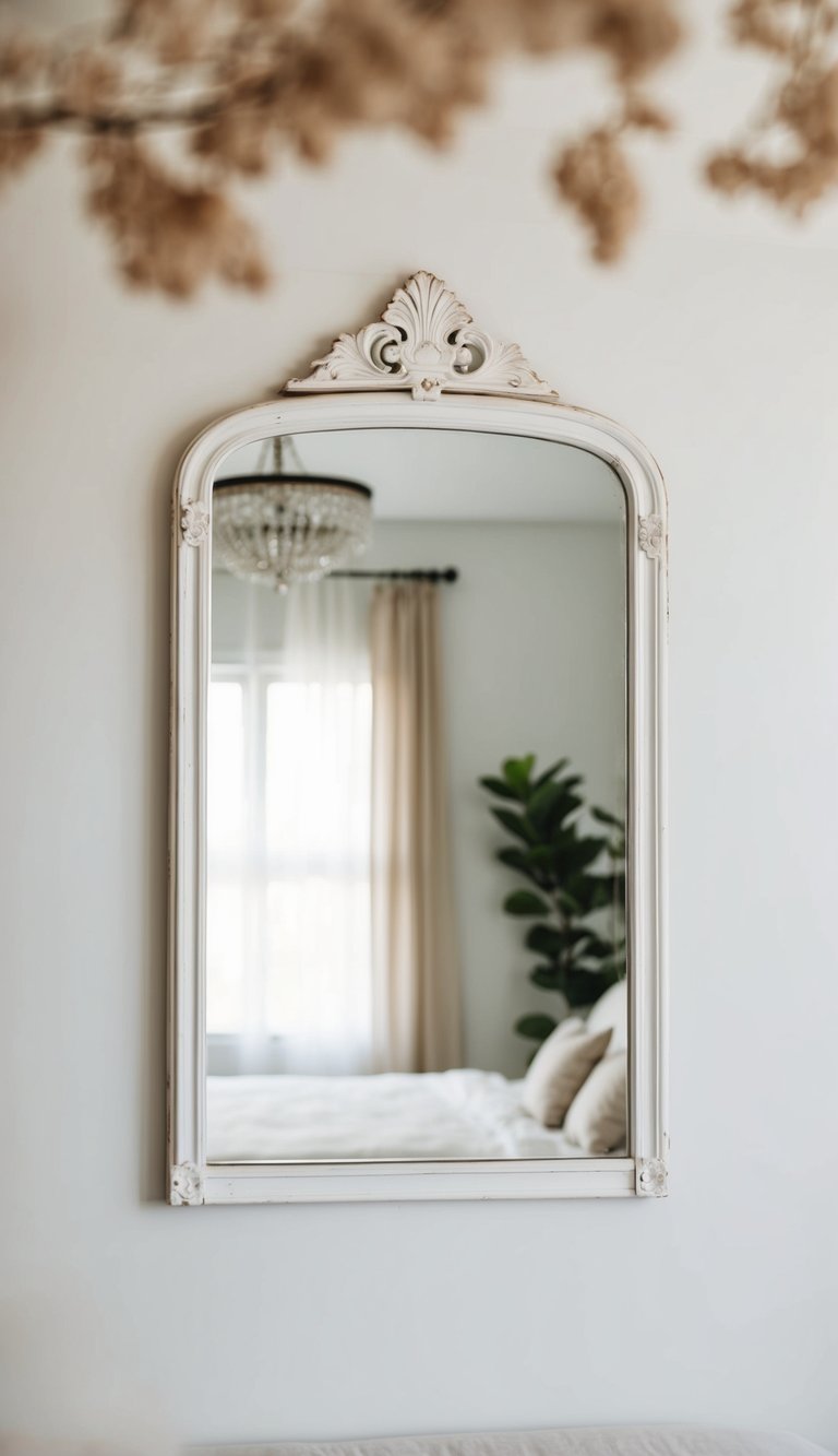 A vintage white mirror hangs above a white bedroom with soft, elegant decor