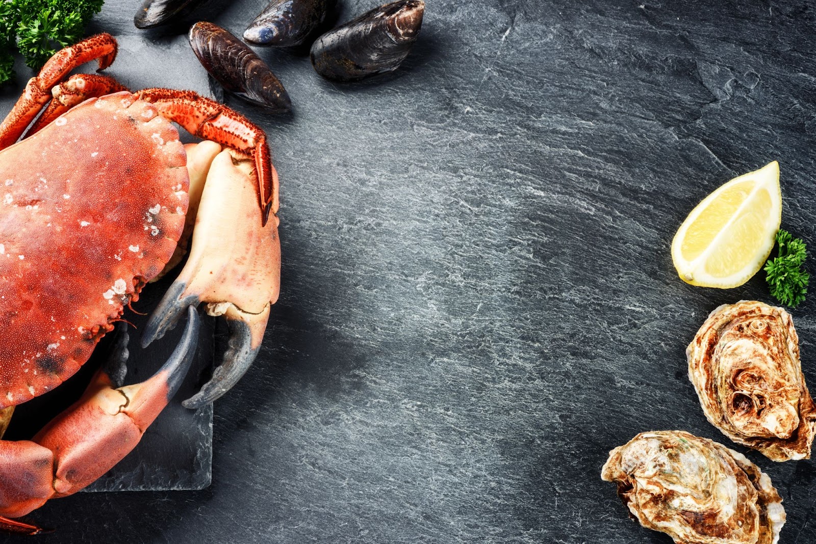 A stone crab with oysters and a lemon wedge on a dark background