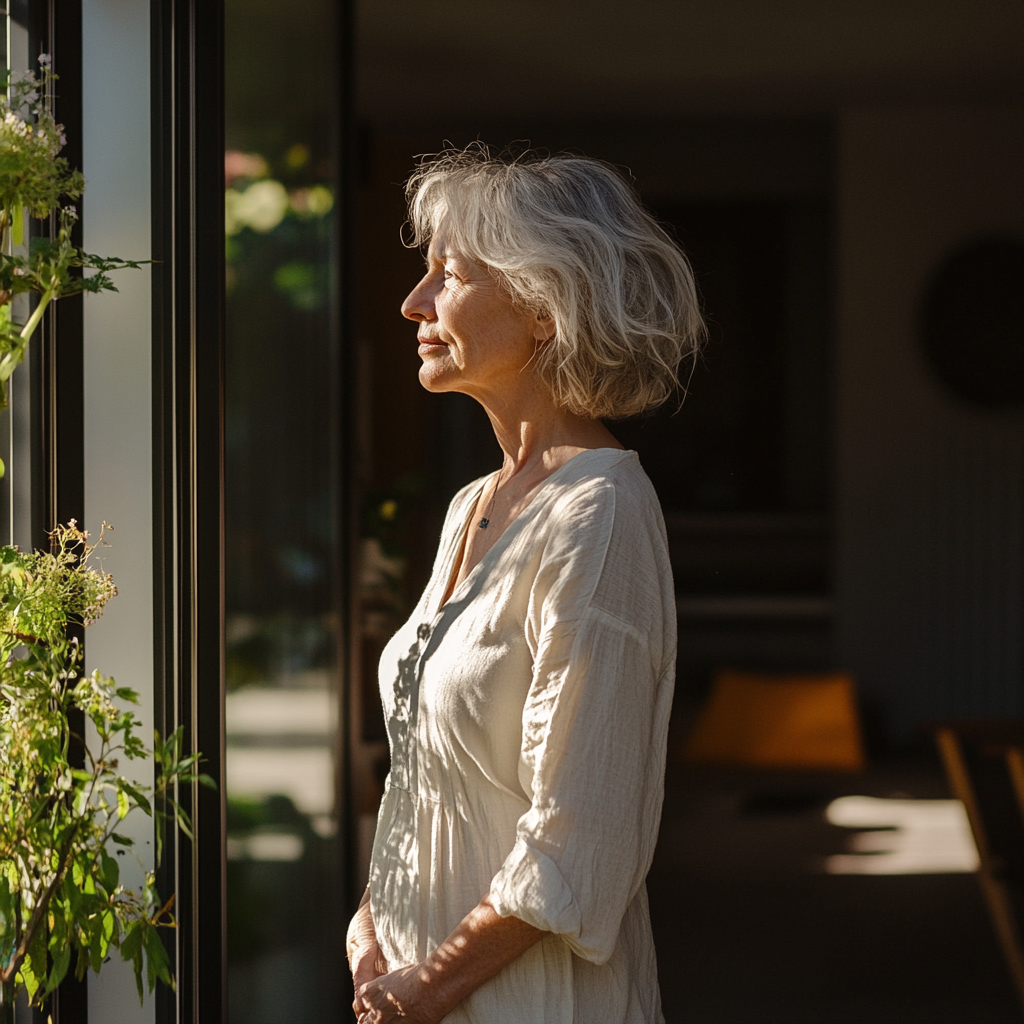 A nonchalant older woman standing by a door | Source: Midjourney