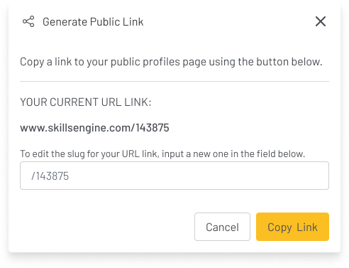 Screenshot of a modal for "Generate Public Link". Includes a text entry box for editing your URL, a Cancel button, and a Copy Link button.