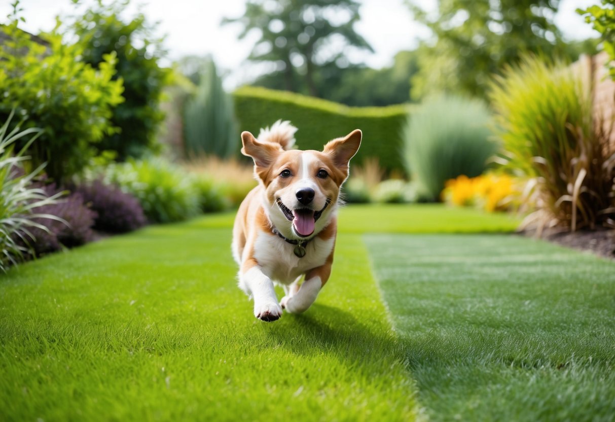 A dog happily romping through a lush green garden with a variety of grass types, showing a mix of durable and comfortable options for pet owners