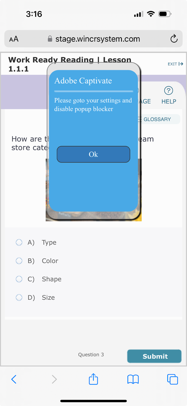 Mobile view of a courseware module with a popup window telling users to disable popup blockers
