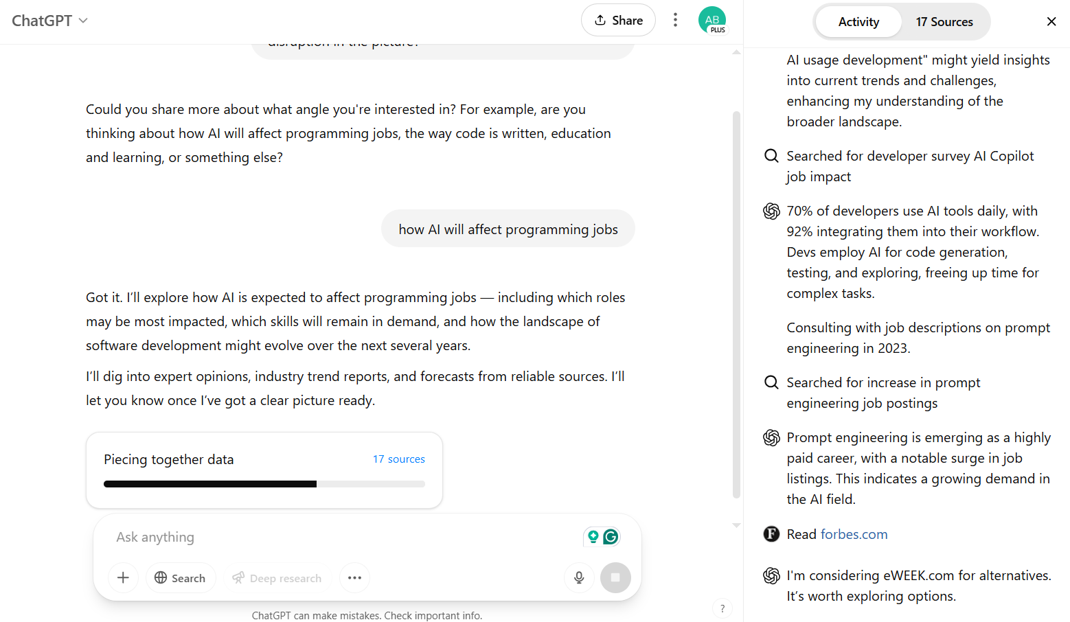 ChatGPT (Best for content creation, brainstorming, and deep research)