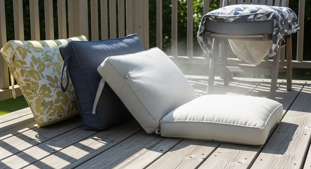 Outdoor cushions drying in sunlight on a wooden deck or patio