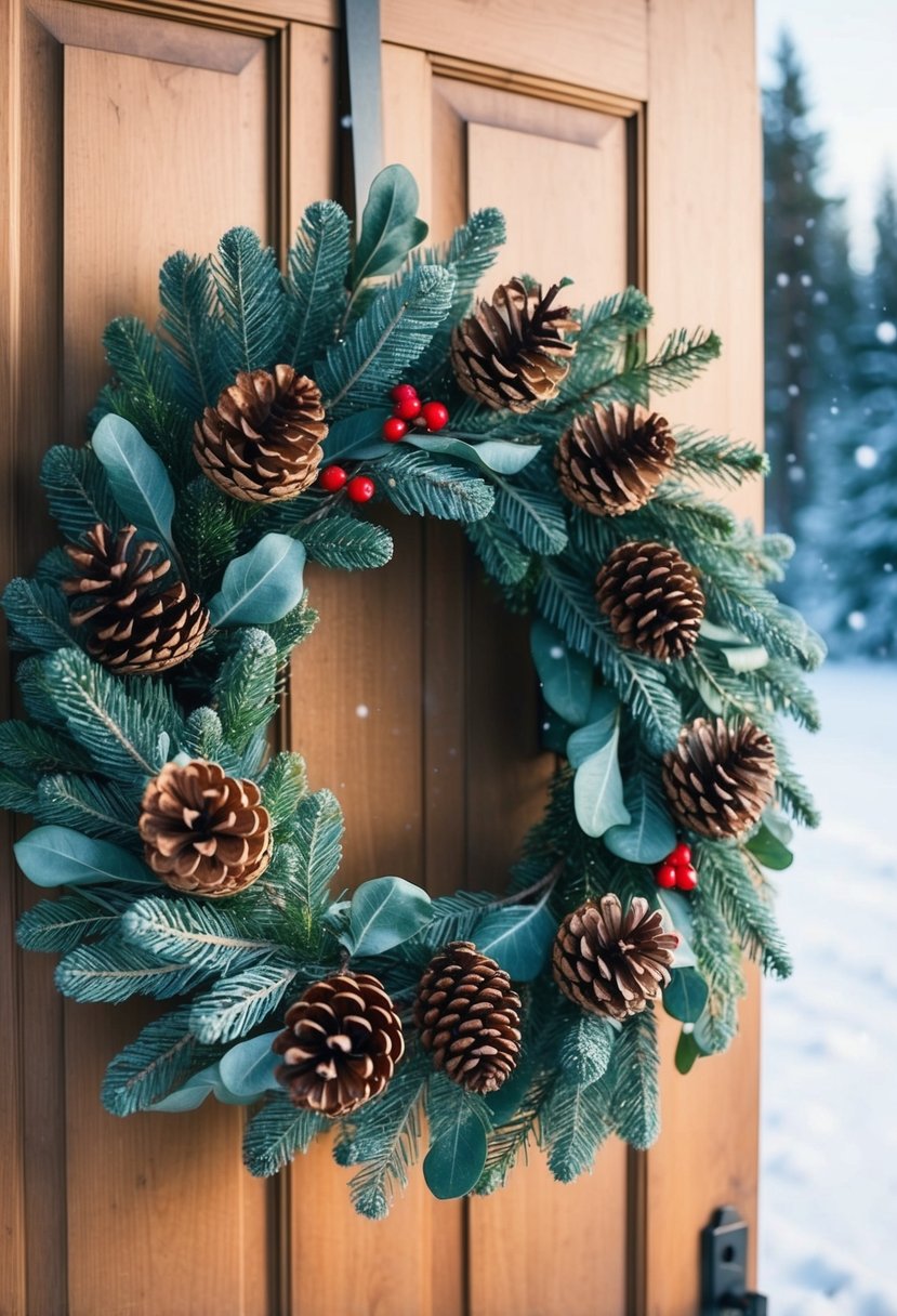 A rustic eucalyptus wreath adorned with pine cones and red berries, hanging on a wooden door against a snowy winter backdrop