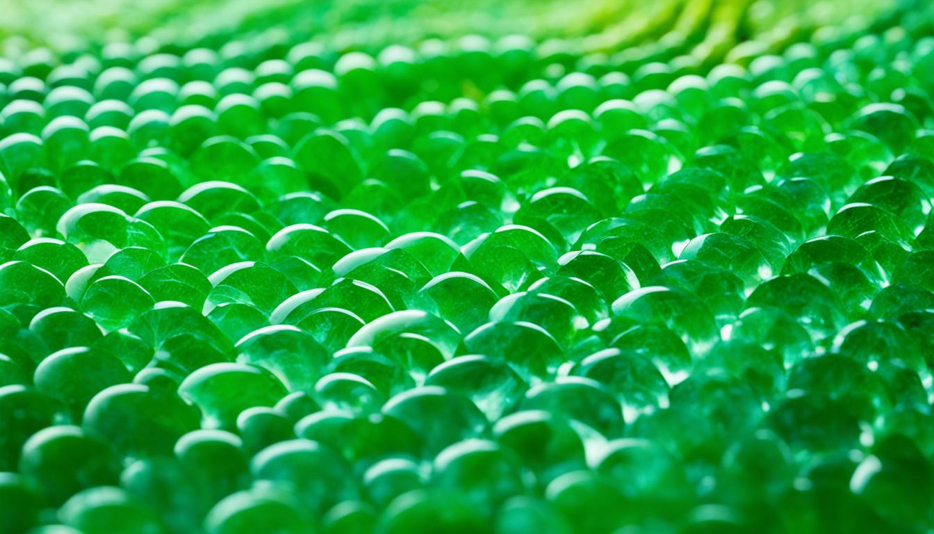 A close-up of a piece of green jade, with intricate patterns and variations in color. The jade should appear smooth and glossy, with light reflecting off its surface. In the background, there should be a faint image of a tree, symbolizing growth and longevity. The overall feeling should be one of abundance, prosperity, and wisdom for long-term financial success.