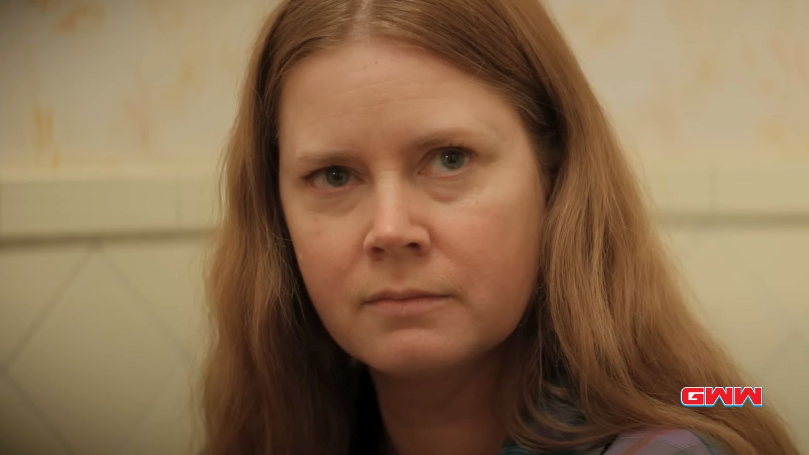 Amy Adams seated, looking intense with an unfocused, thoughtful gaze.