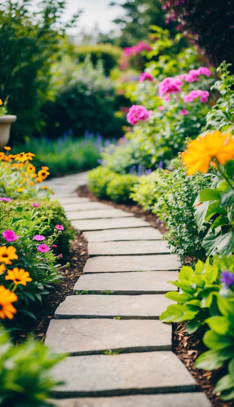 A winding stone pathway leads through a lush corner garden, surrounded by vibrant flowers and greenery