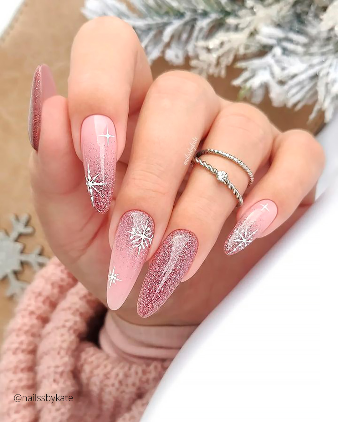 winter wedding nails long with snowflakes pink and glitter nailssbykate