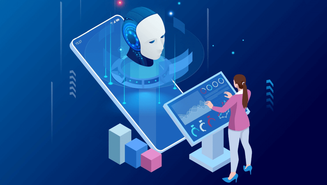 graphic of a woman standing at a touchscreen, using AI to generate content ideas