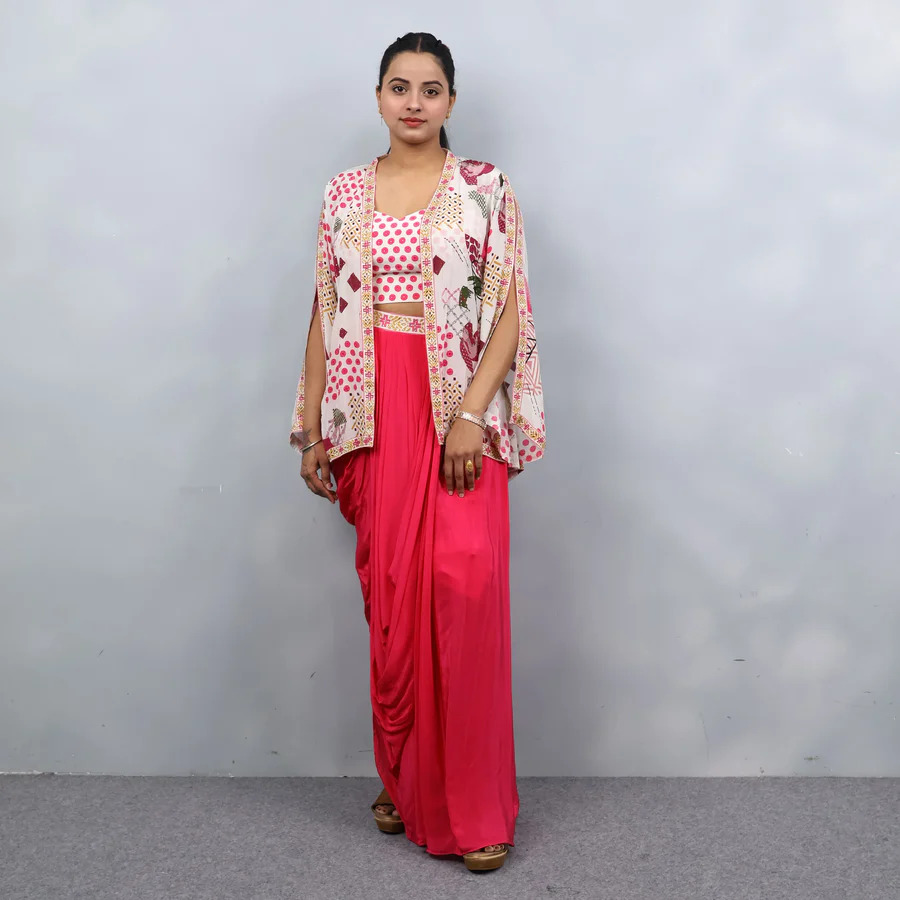 Red Crop Top with Shrug and Dhoti