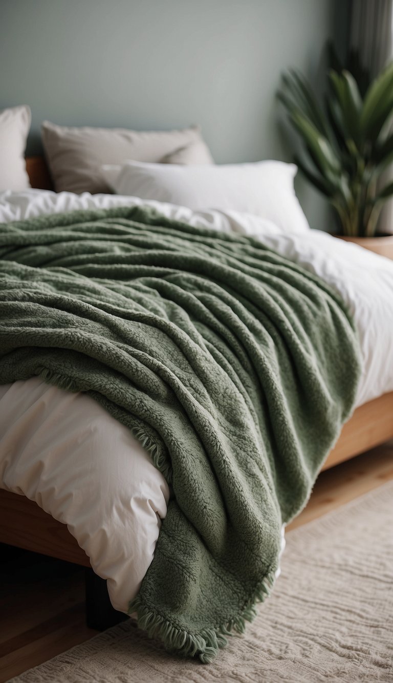 Sage green blankets cover a cozy bed in a serene bedroom