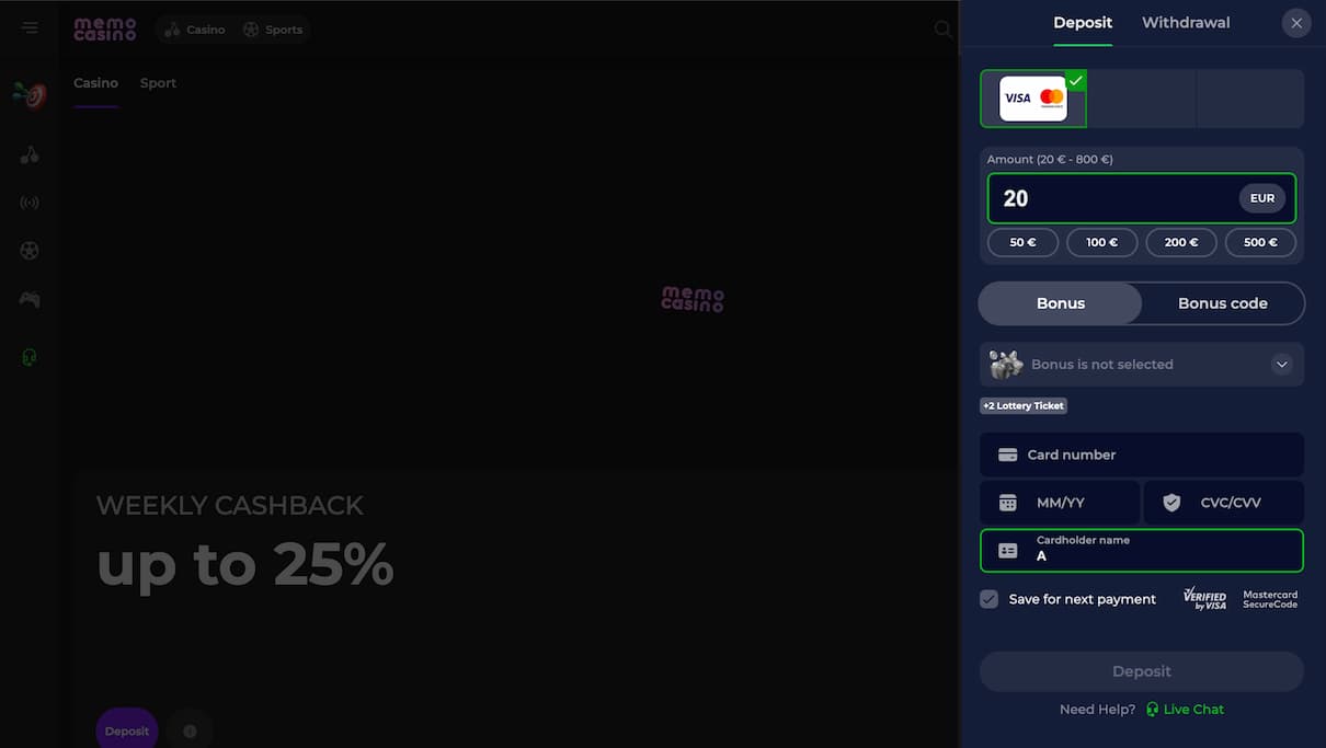 MemoCasino payment methods