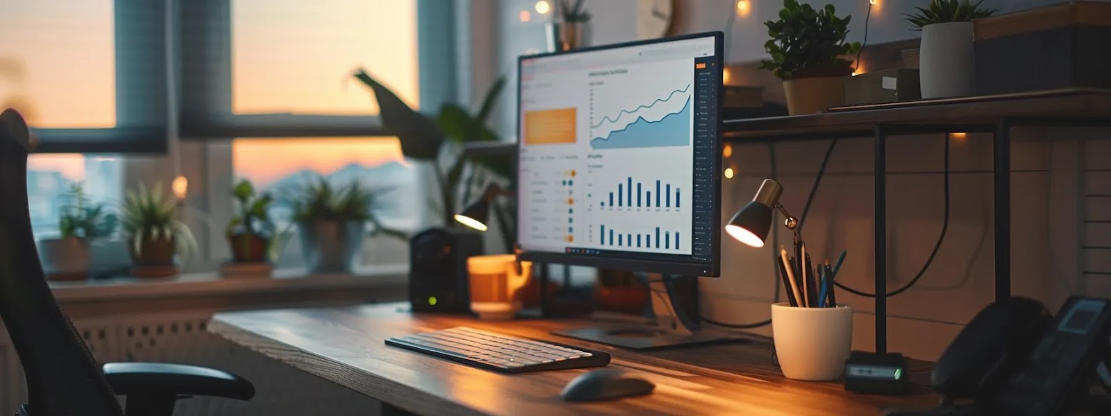 a sleek, modern office desk with a computer screen displaying an advanced estate planning software interface, showcasing efficiency and organization in client management.