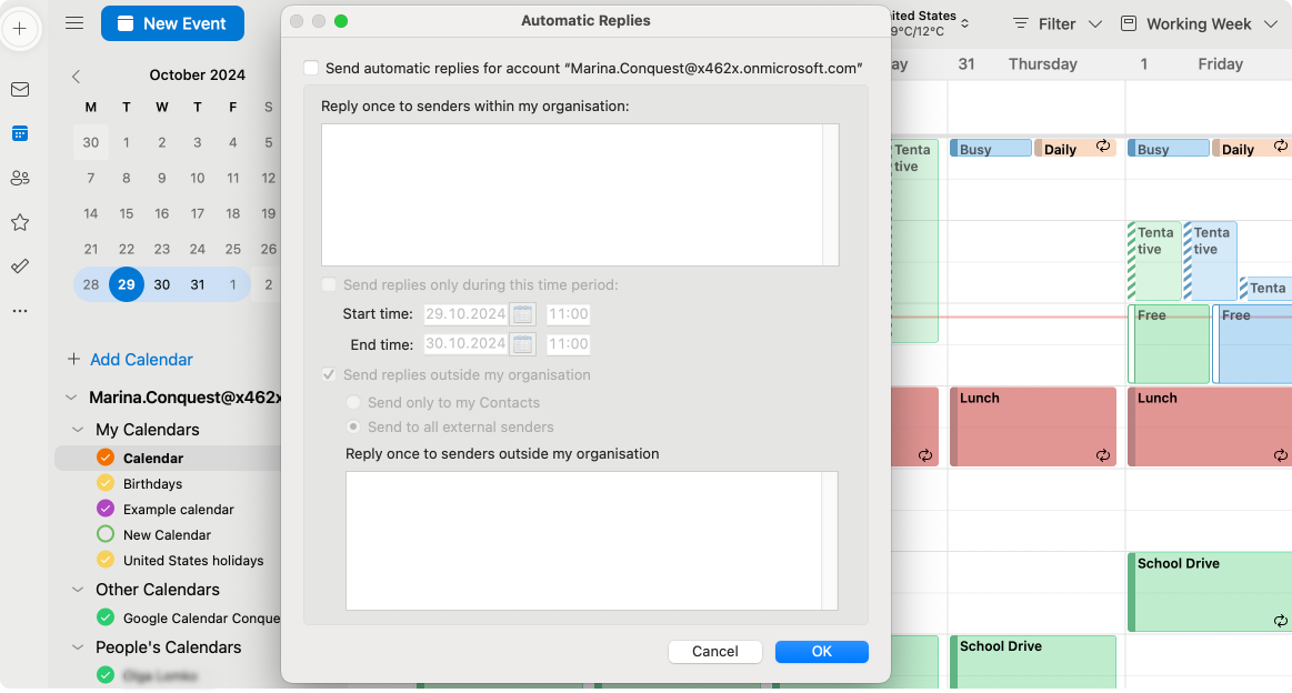 Pic. 12. Configuring automatic replies in Outlook for Mac.