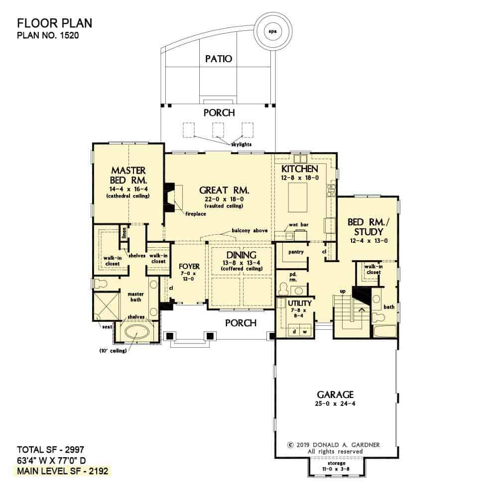 Main level floor plan of a 4-bedroom craftsman style two-story Nicholette home with foyer, formal dining room, great room, kitchen, utility, and two bedrooms including the primary suite and the versatile study.