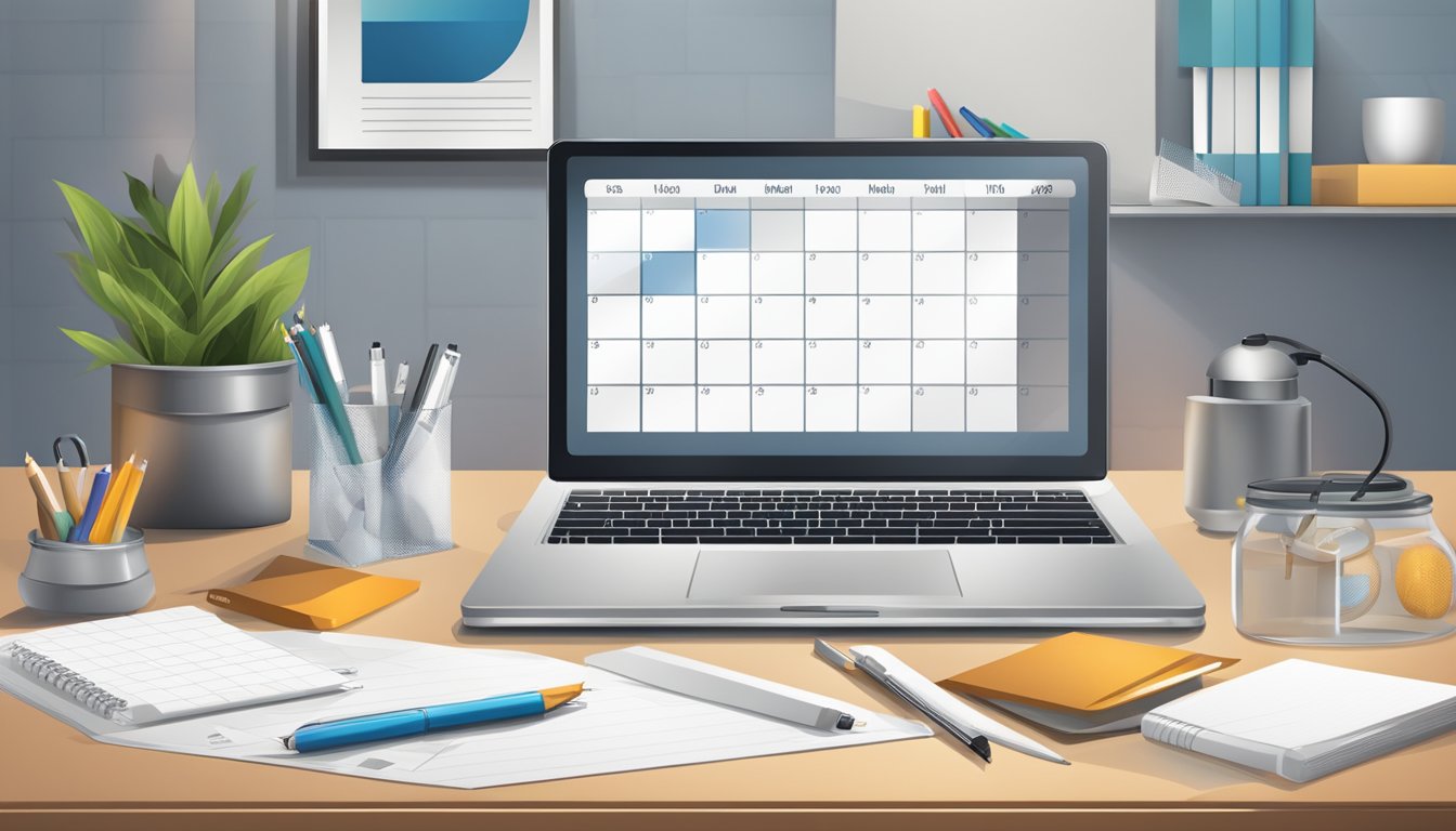 A table with a laptop, notepad, and pen. A stack of product boxes and promotional materials. A countdown calendar on the wall