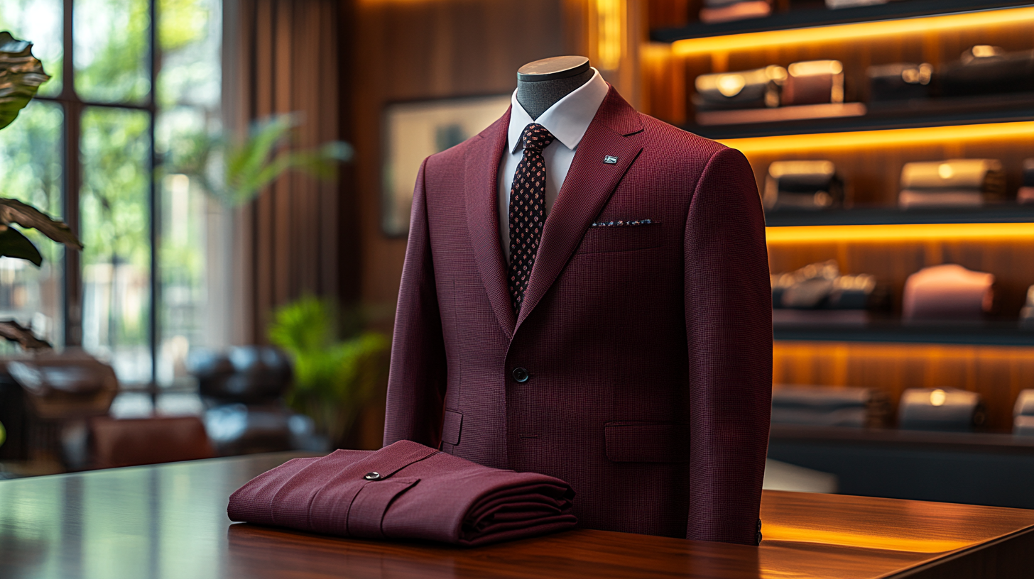 A burgundy suit, expertly folded, resting on a polished office table. The setting is contemporary and creative, with soft lighting and minimal decor that complements the bold yet refined color of the suit.