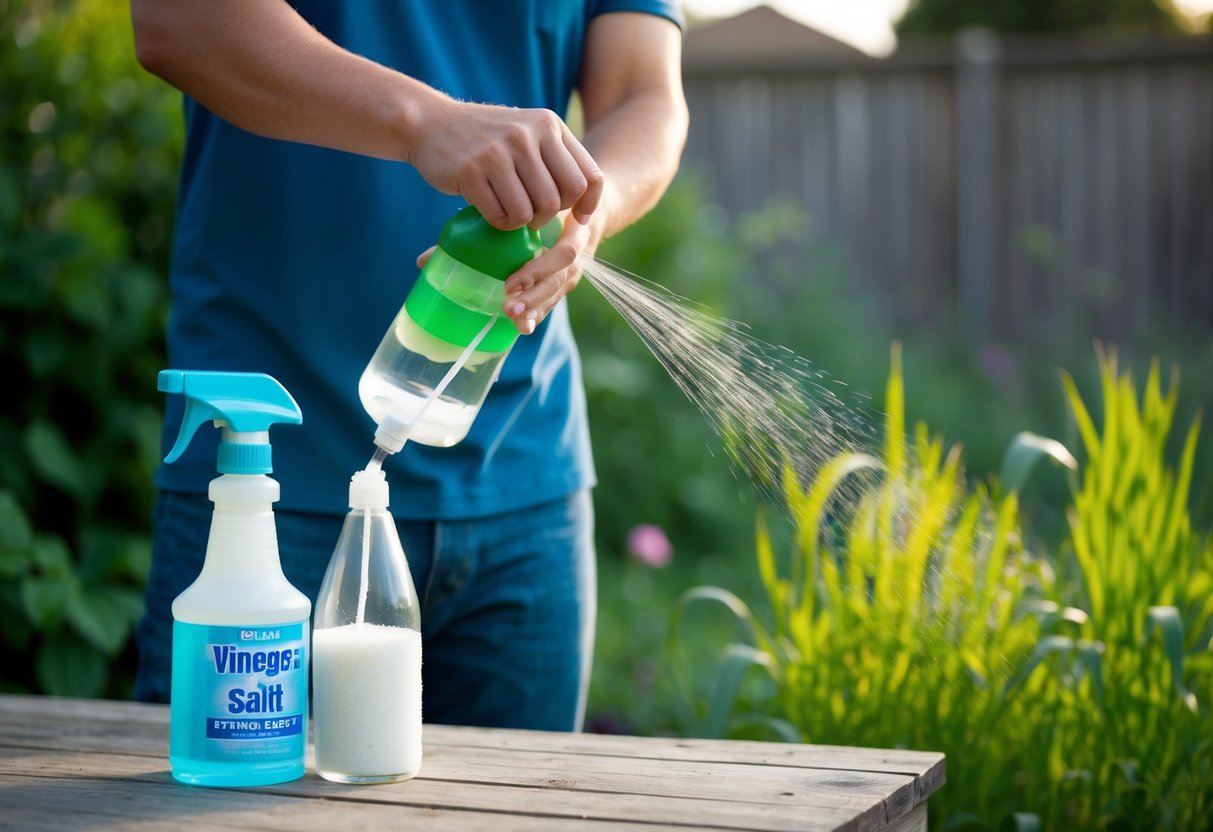 A person mixing vinegar, salt, and dish soap in a spray bottle. A garden with weeds in the background