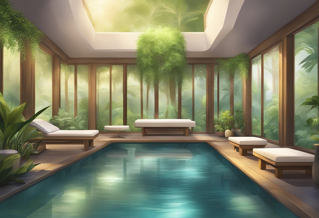 A serene spa with calming lighting, plush robes, and soothing aromas. Massage tables and relaxation areas surrounded by lush greenery and tranquil water features