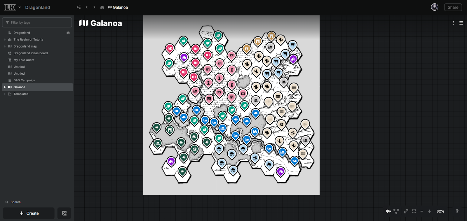 An image of a hexcrawl map made within Legendkeeper.