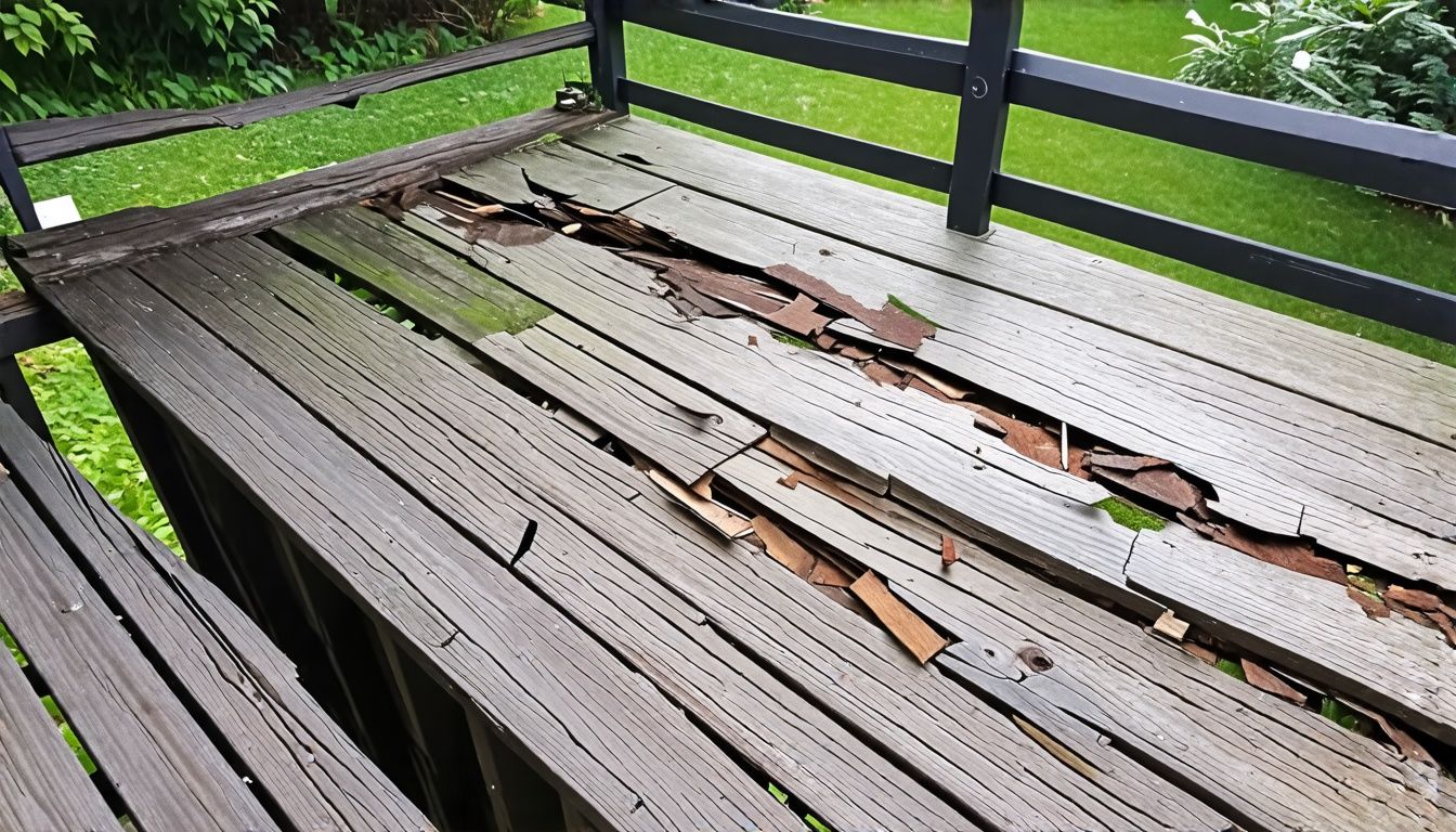 A poorly maintained deck in need of repair or replacement.