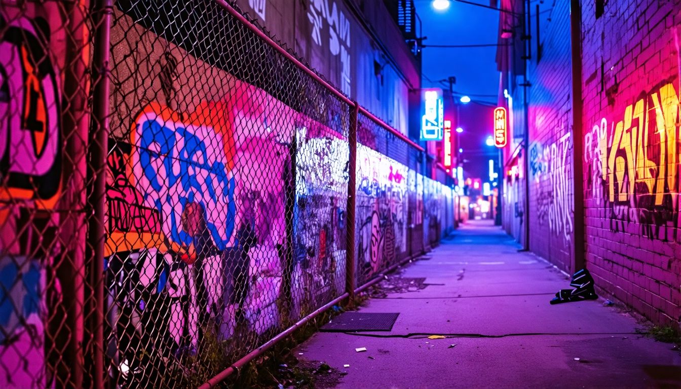 A graffiti-covered alleyway with streetwear brand stickers and hip-hop music.