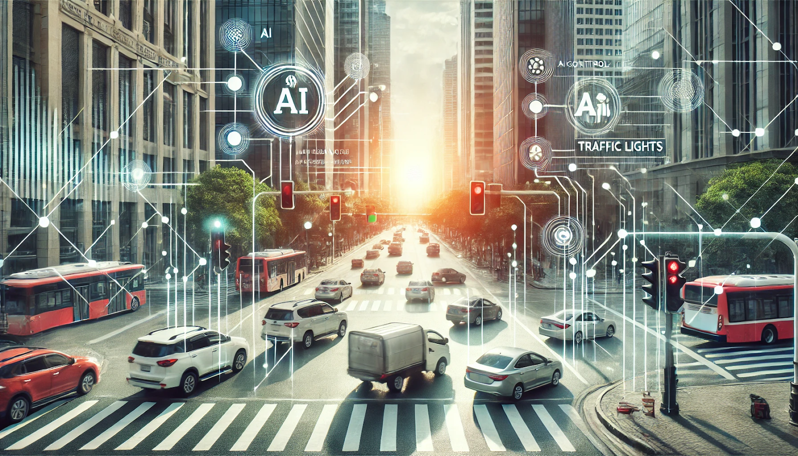 An urban street intersection during the day with AI-controlled traffic lights. The scene shows reduced traffic congestion, with cars moving smoothly and pedestrians crossing safely. The AI control system is visualized with digital lines and data overlays, indicating real-time traffic flow analysis and adjustments, representing how AI reduces travel time and wait times at intersections.