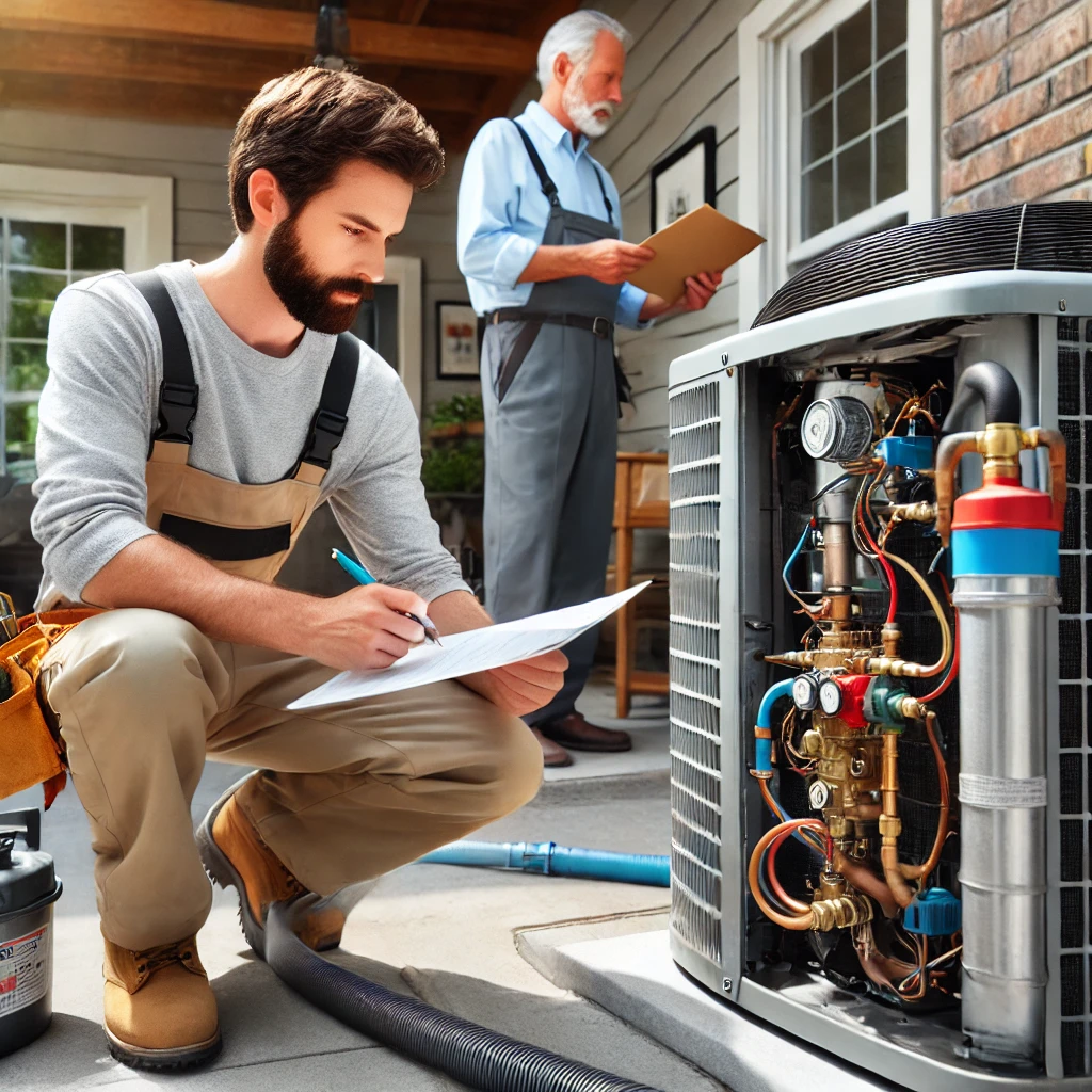 Modern R-32 high-efficiency outdoor condenser unit with energy rating label visible.