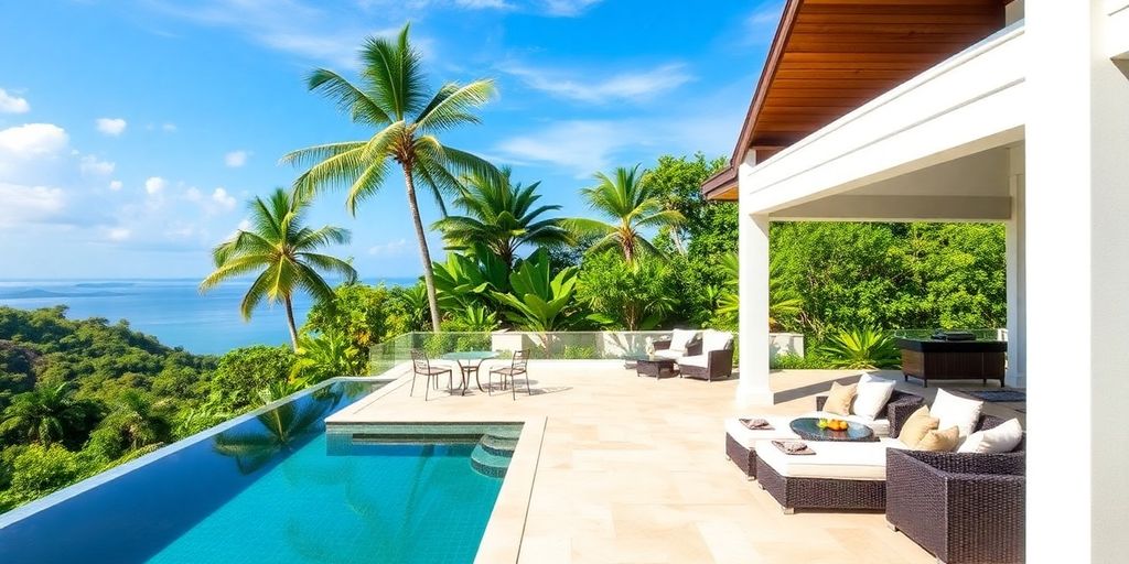 Luxury villa with pool in Phuket's tropical setting.