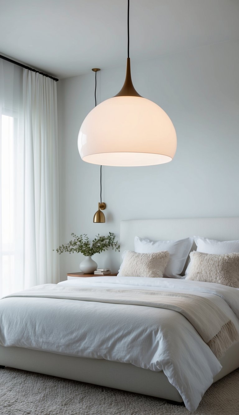 A chic white pendant light illuminates a serene white bedroom with minimalist decor and soft textures