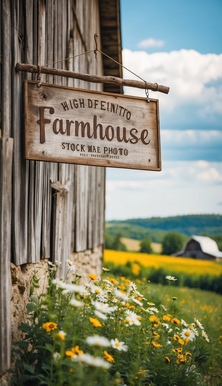 A rustic wooden farmhouse sign hangs on a weathered barn wall, surrounded by wildflowers and a scenic countryside landscape