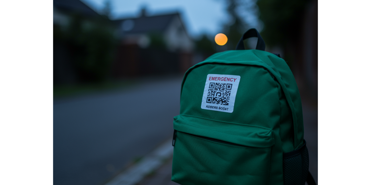 A QR Code sticker on a green backpack.