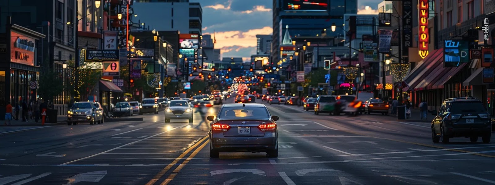 a car driving through the bustling streets of tulsa with a football game in the background.